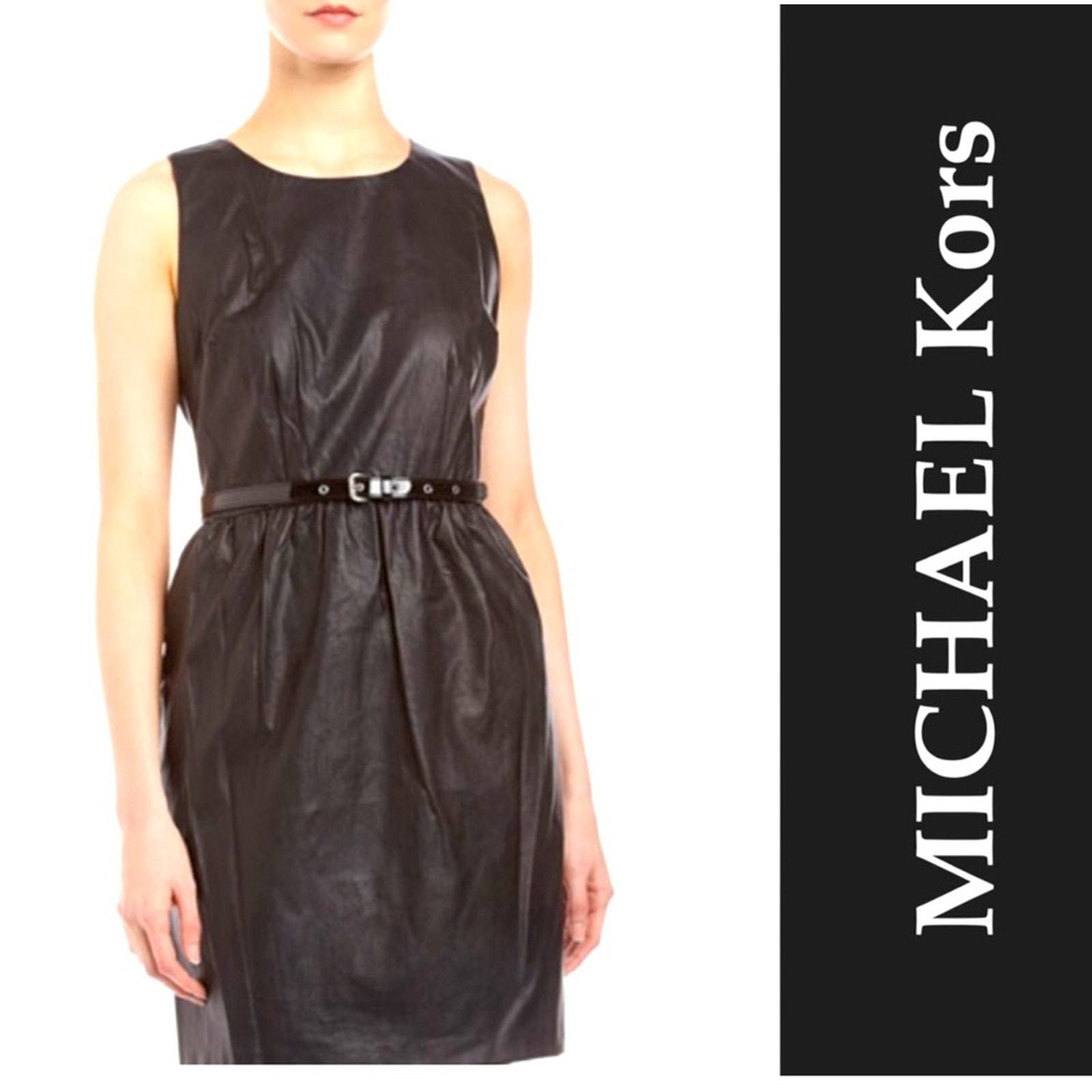 Michael Kors Faux Leather Belted Black Dress